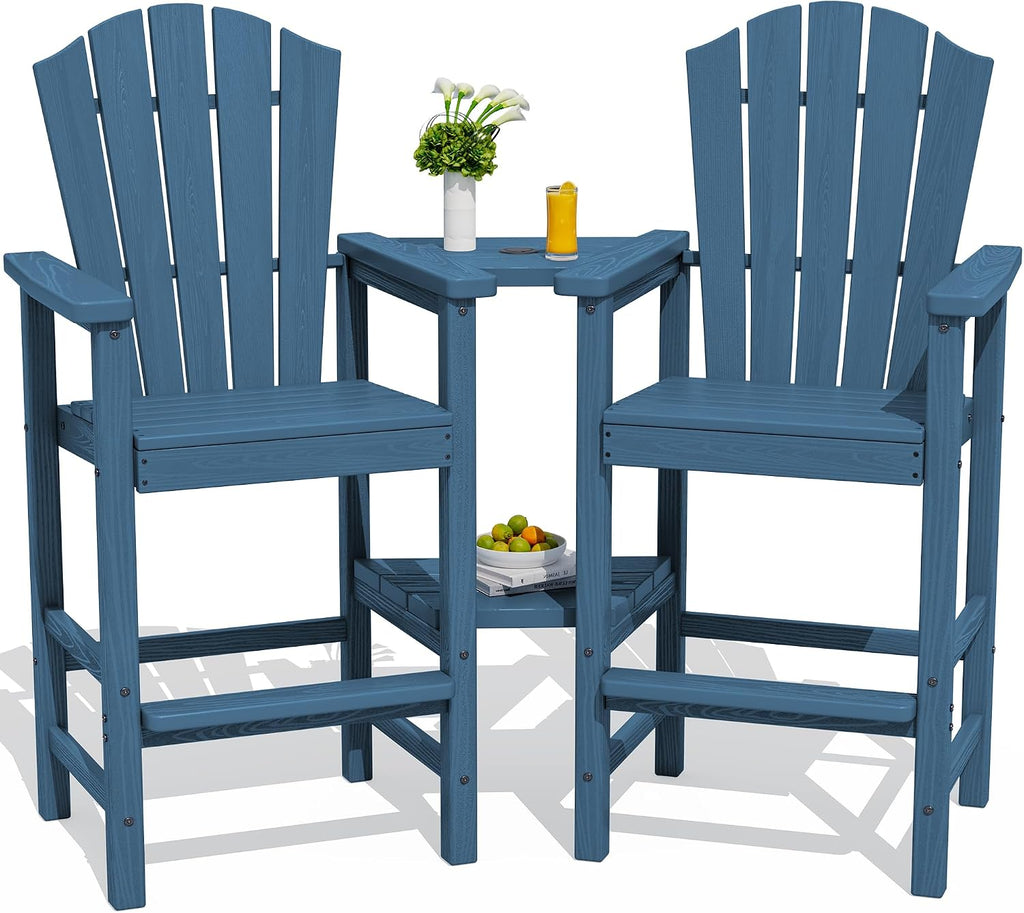 Tall Adirondack Chair Set of 2 with Double Connecting Trays, Blue | All-Weather HDPE Outdoor Adirondack Barstools