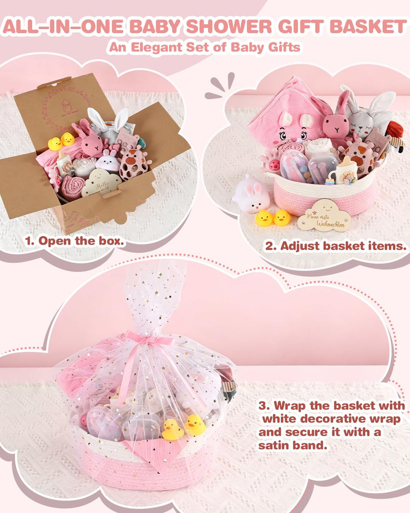 Baby Shower Gifts for Girls, 26 Piece Deluxe Baby Gift Basket - Baby Girl Gift Basket with Bunny Night Light