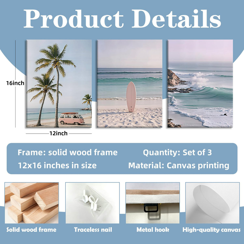 3 Pcs Coastal Beach Canvas Wall Art Boho Beach Scene 12x16 Inch