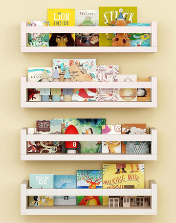 Set of 4 Wall-Mounted Kid's Bookshelf - White Floating Nursery Book Shelves - Durable Wood Construction - Ideal