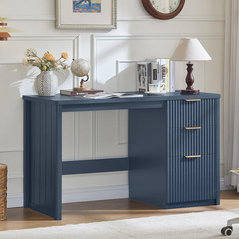 Office Desk 48" with 3 Drawers Storage File Cabinet Wood Fluted Desk for Computer Office Bedroom Home Furniture Blue