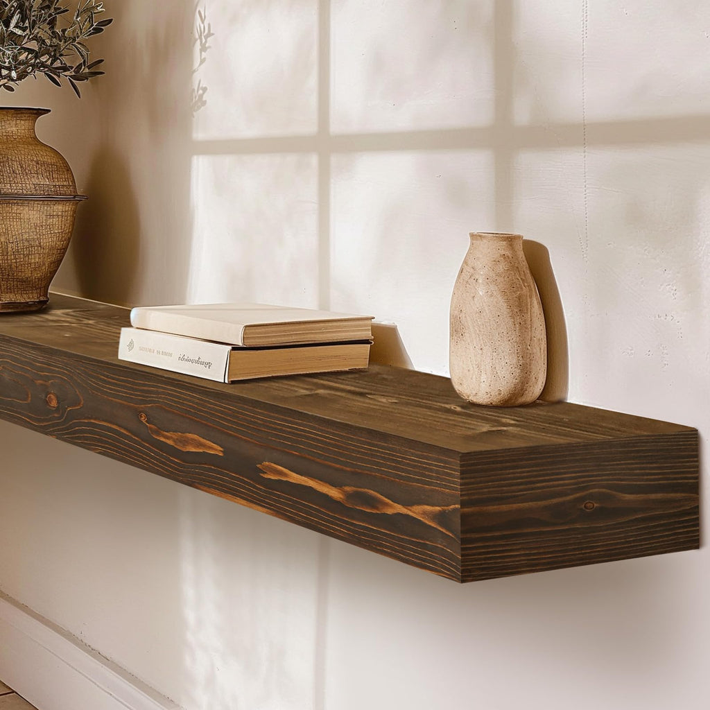 48'' Fireplace Mantel, 3'' Thick Pine Wood Floating Shelf, Brown