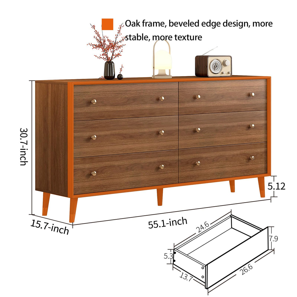 Mid Century Modern 6-Drawer Dresser, 55 Inch Solid Wood Frame Chest, Walnut