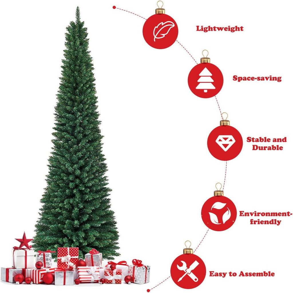 Pencil Christmas Tree, Slim Skinny Hinged Pine Tree with PVC Material, 1500 Branch Tips, Solid Metal Legs, Unlit