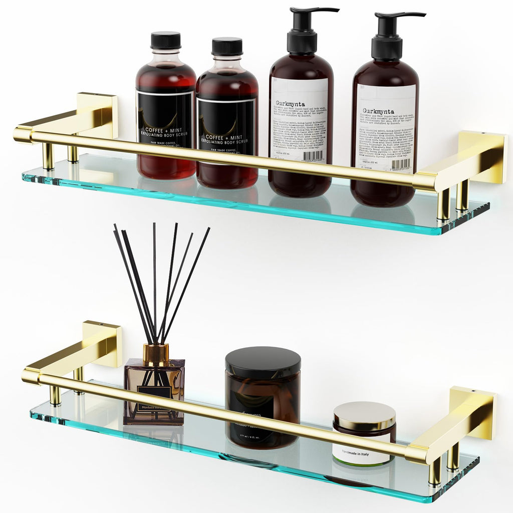 Glass Shelf, 20 Inch Tempered Glass with Brushed Gold Stainless Steel Railing, Floating Glass Shelves Sink Over