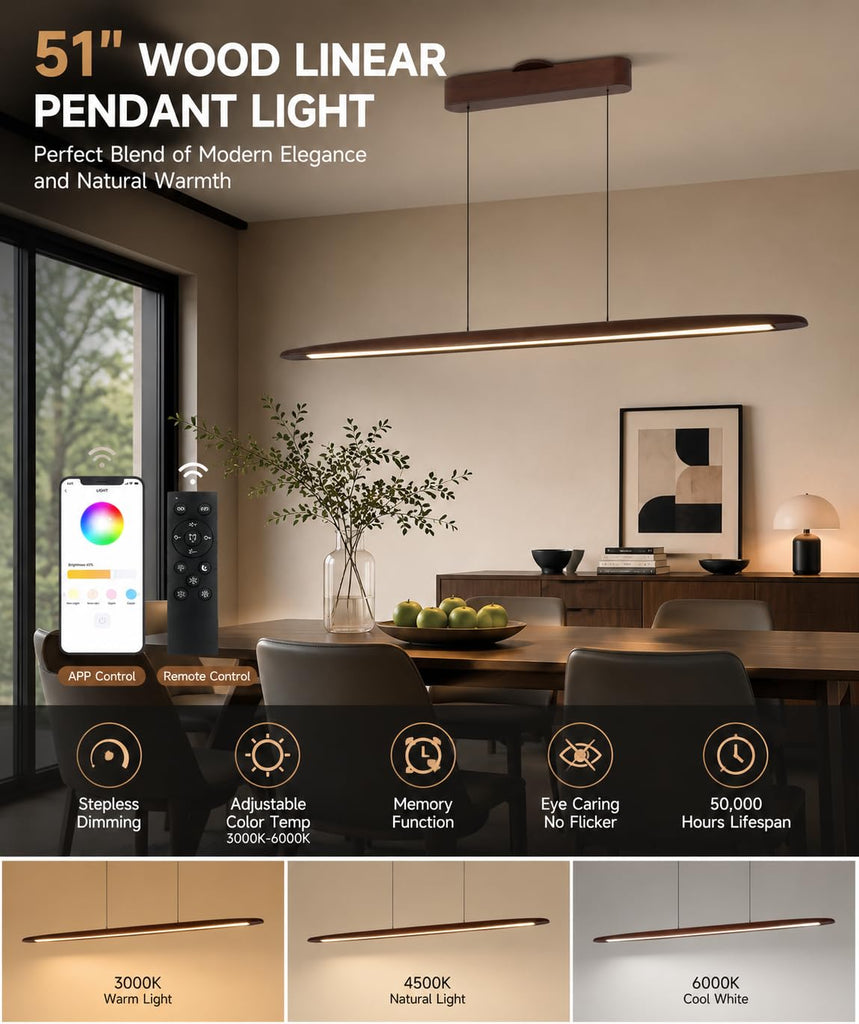 51" Wood Linear Pendant Hanging Lights Modern Light Linear Chandelier Wood Dinning Room Lighting 50w Dimmable