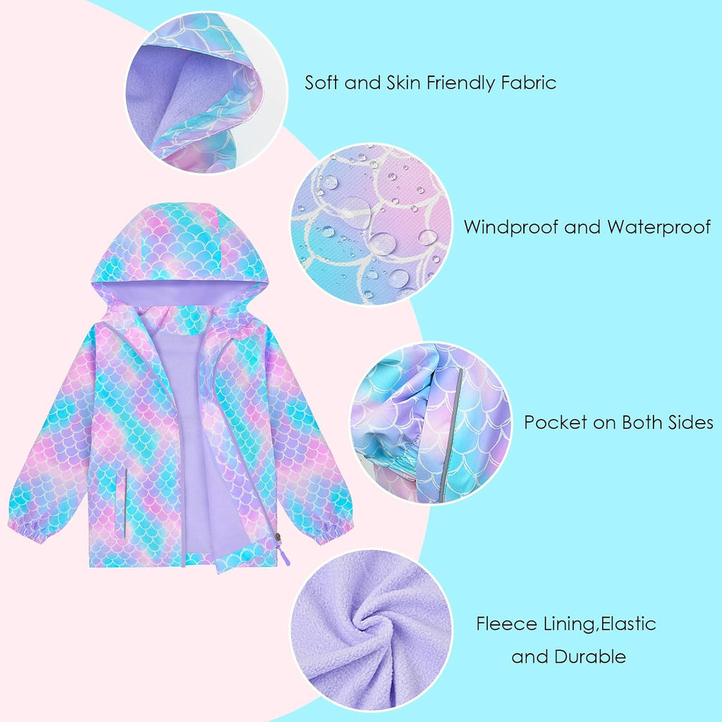 Girls Rain Jacket Waterproof Hooded Fleece Lined Lightweight Windbreaker Kids Windproof Jackets Raincoats Kids
