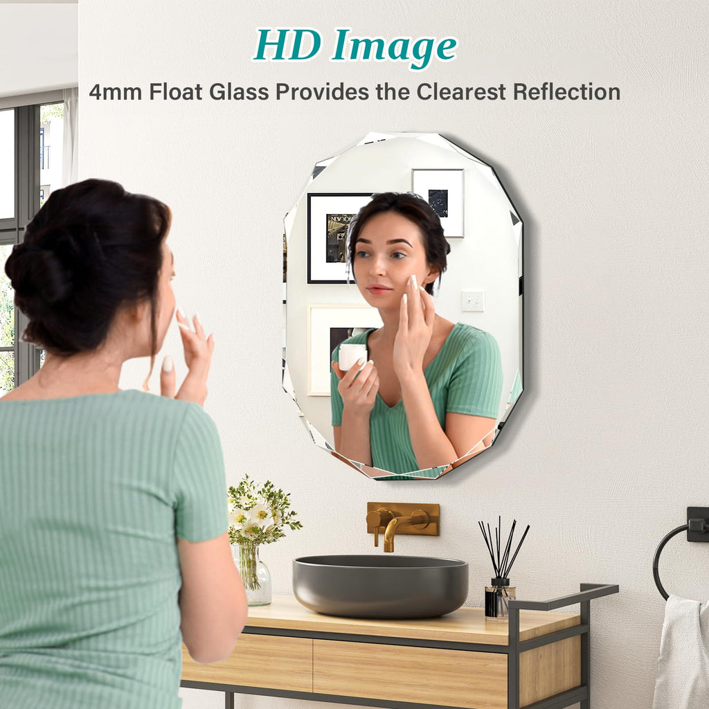 Single Beveled Edge Bathroom Vanity, 20" x 28" Oval Wall, Shatterproof Frameless for Over Sink, Restroom