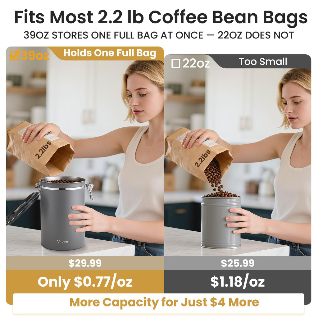 Coffee Canister,39OZ, 2.2lbs,Large Airtight Stainless Steel Container