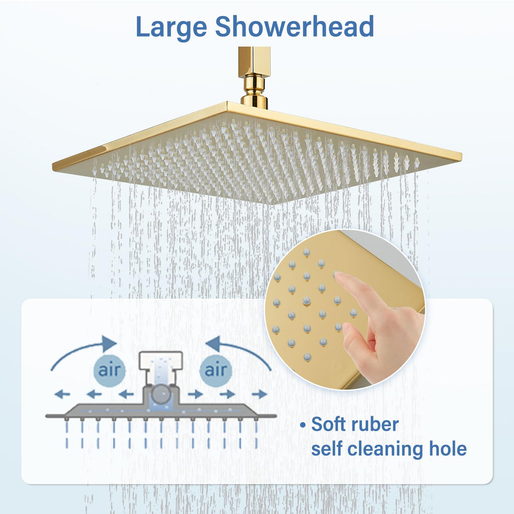 Polished Gold Shower System 12 Inch LED Square Rainfall Shower Head Ceiling Mount Shower Faucet Set with Hand Sprayer