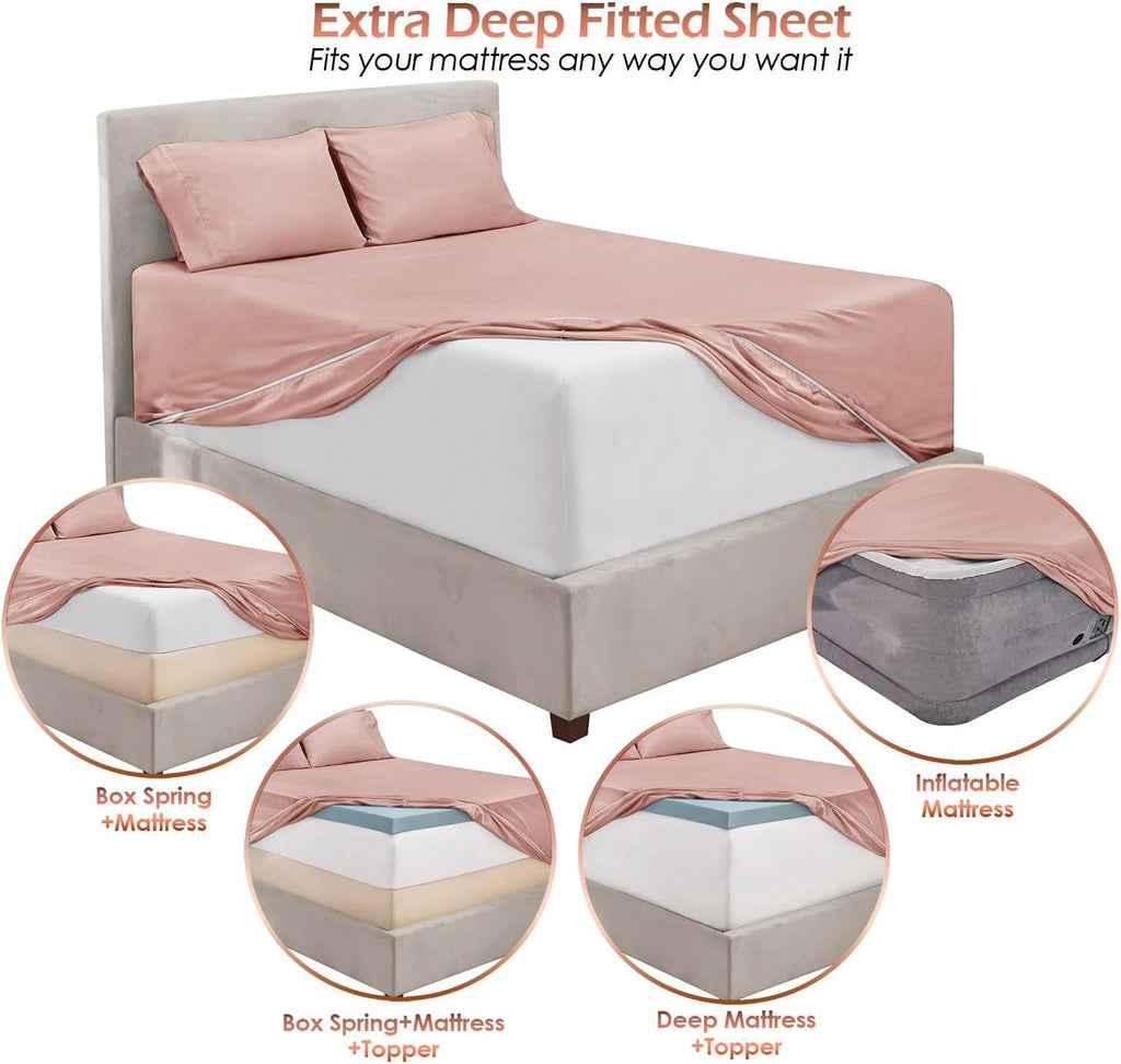 Extra Deep Pocket Sheet Sets, Luxury Soft 6 Piece Bed Sheet Set Fits Mattress 18-24 Inches - King, Peach Beige
