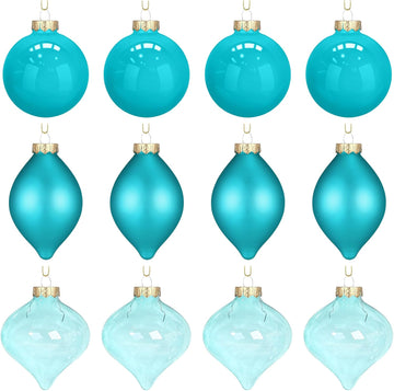 Turquoise Green Glass Christmas Ball Ornaments Set 3.15" - Set of 12