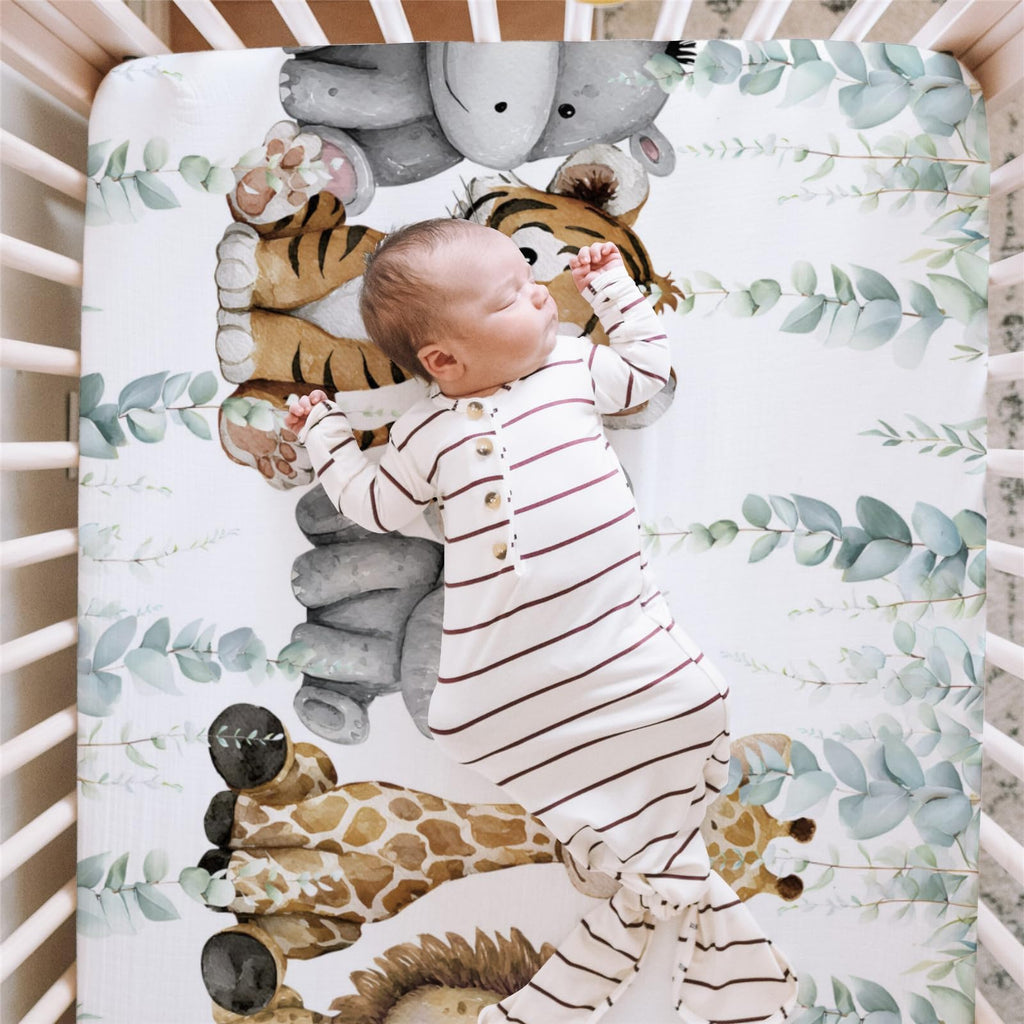 Safari Jungle African Animals Eucalyptus Leaf Fitted Standard Baby Crib Sheet, Giraffe Lion Tiger Elephant Zebra