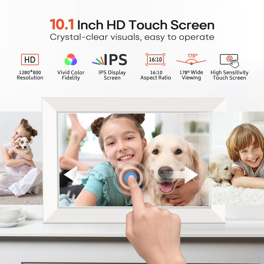 10.1 Inch WiFi Digital Photo Frame via Frameo App, 1280x800 HD IPS Touch Screen Electric Picture Frame Display, 32GB