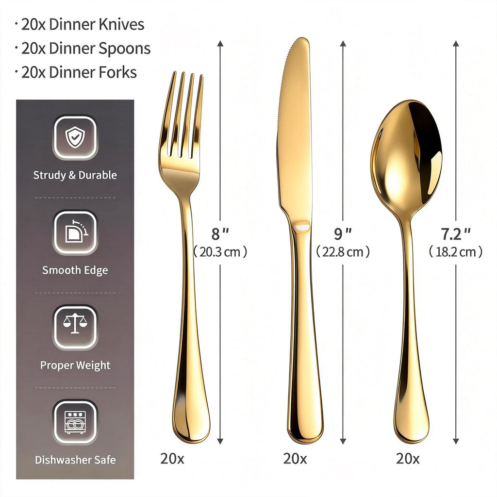 60 Piece Gold Silverware Set for 20, Stainless Steel Forks Spoons and Knives Set, Finish Gold Flatware, Dishwasher
