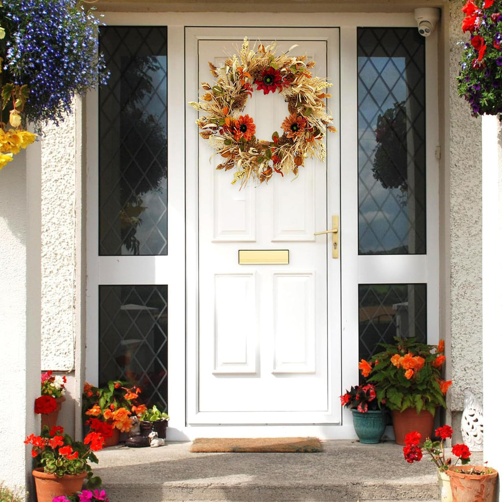 24 Inch Fall Wreaths for Front Door with Sunflowers and Raffia