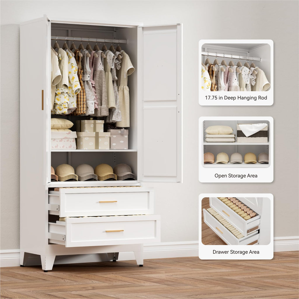 Armoire Wardrobe Closet with Drawers & Hanging Rod, 71'' Metal Wardrobe Closet with Doors & Adjustable Shelf