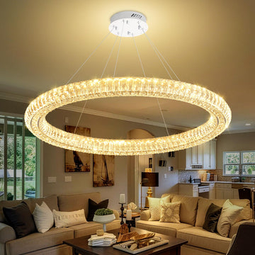Modern LED Crystal Ring Chandelier Dimmable 47.5" Ring Pendant Light Adjustable Round Crystal Chandelier Light Living