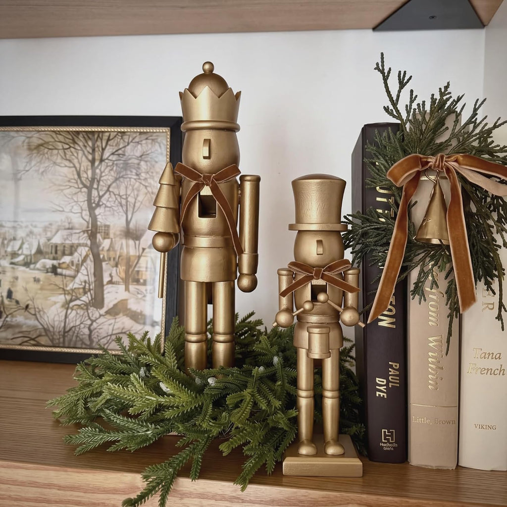 2 Pcs Neutral Christmas Nutcracker Figure 10" 15" Gold Wooden