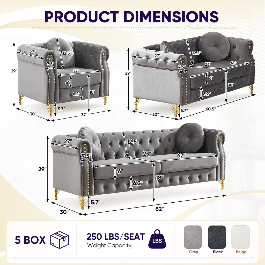 3 Piece Chesterfield Sofa Set with Armrest Ring(37"W+60.5"W+82"W, Grey)