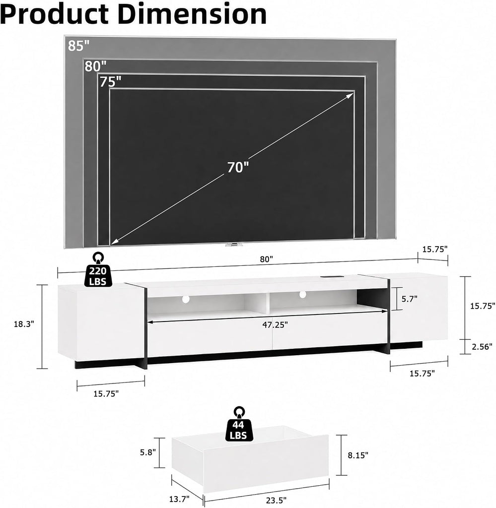 Modern 80 inch TV Stand for 75" 80" Up to 85" TV, LED TV Media Console with Power Outlets, Entertainment Center with