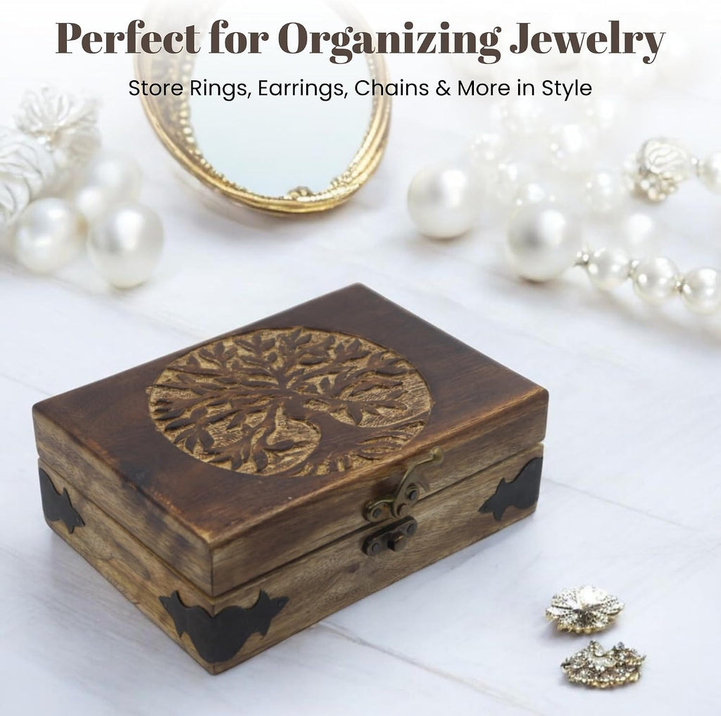 Handmade Wooden Jewelry Box with Tree of Life Engraving - Antique Handcarved Keepsake Organizer for Women & Men