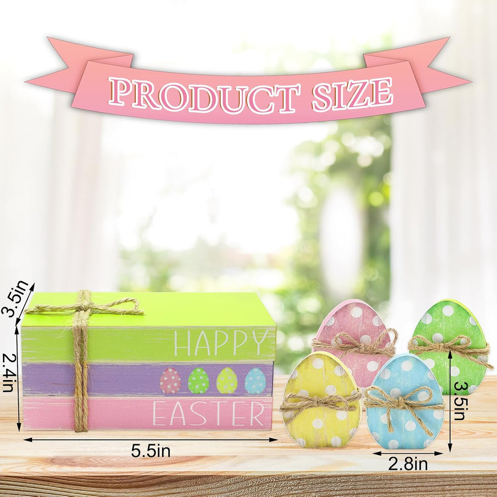 Easter Wooden Tiered Tray Decor Faux Stacked Books Colorful Polka Dot Egg Table Centerpiece Block Signs - Set of 7