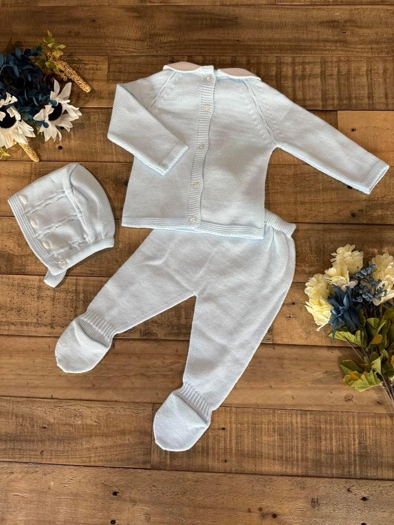 Boy Knitted Outfit Piece Sweater, Footed Pants and Hat Set Newborn Infant Long Sleeve - Made in Spain