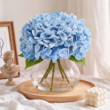 Hydrangea Artificial Flowers with Vase, Real Touch Latex, Blue - Set of 5