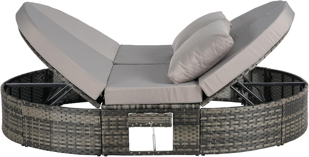 Outdoor Patio Round Daybed, Sun Bed with Adjustable Backrests and Foldable Cup Trays, Reclining Outdoor Lounger