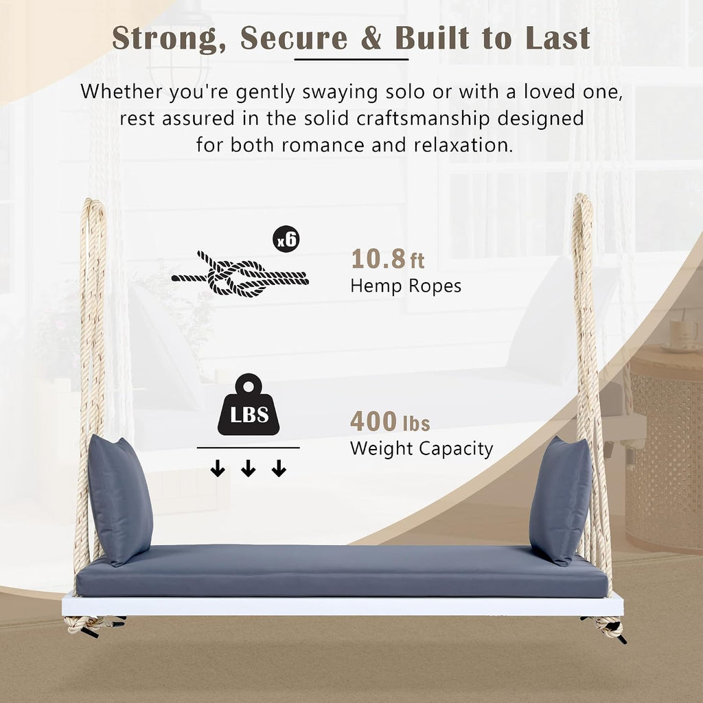 White Wooden Porch Swing Bed with Thick Grey Cushion, 2-Seater Hanging Daybed Swing with Braided Ropes, Outdoor Patio
