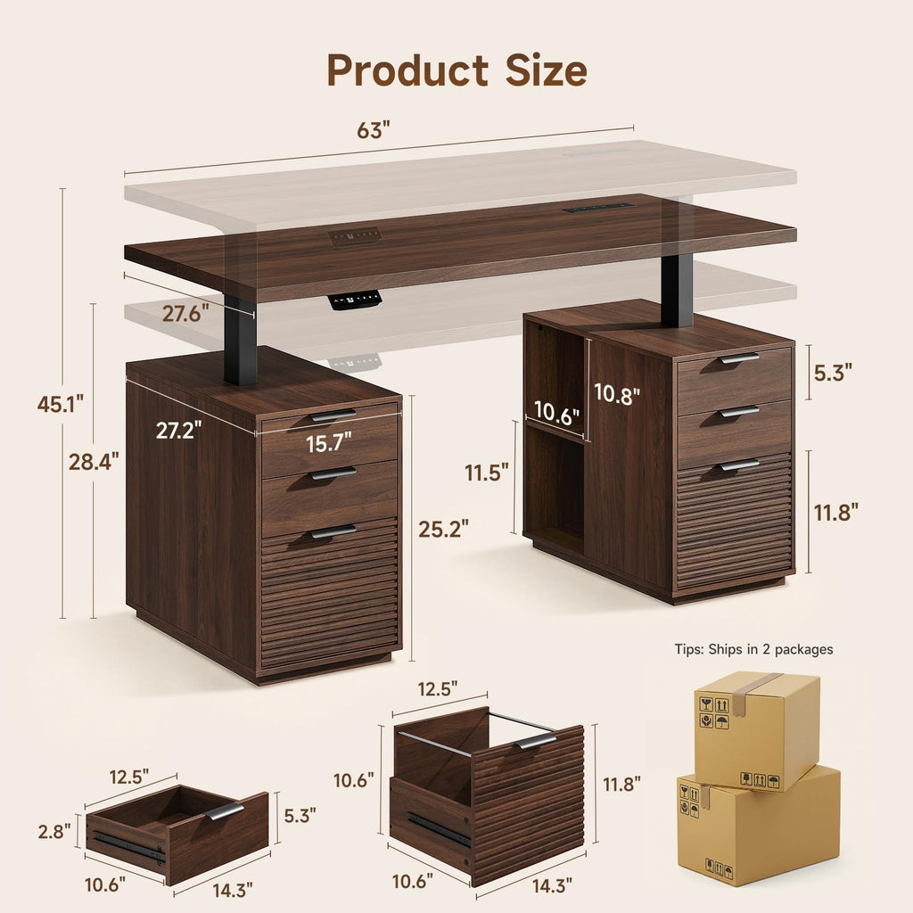 63" Electric Standing Desk with 6 Drawers, Storage Shelves, Walnut