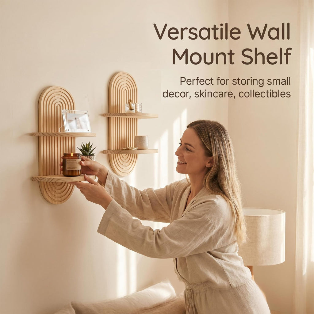 Boho Plant Wall Shelf Set of 2, Floating Shelves Decor