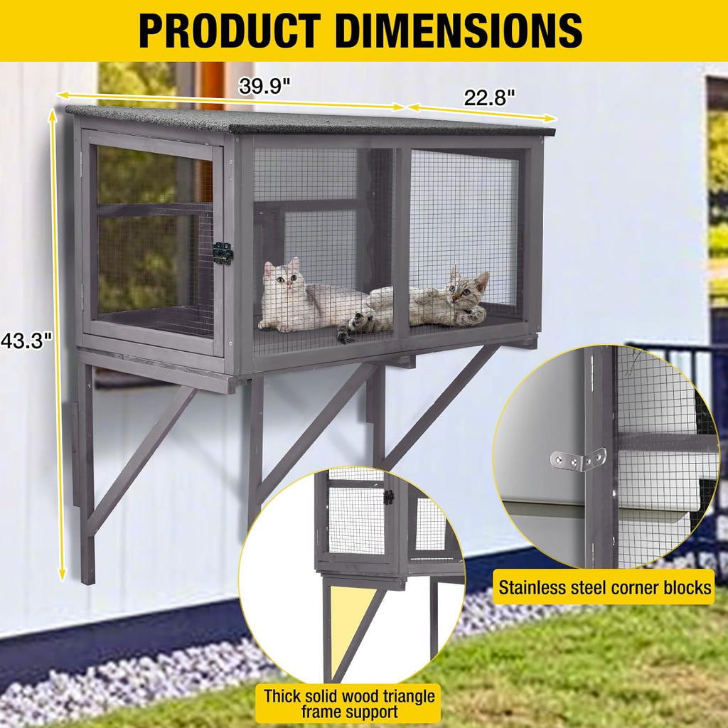 Catio Outdoor Cat Enclosure, Cat Window Box for 1-2 Cats with Weatherproof Asphalt Roof & Lockable Door, Expendable