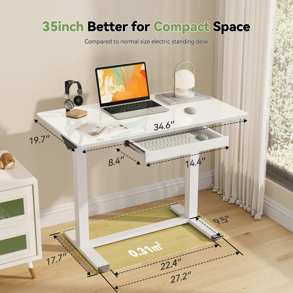 35inch Glass Standing Desk, Height Adjustable with Drawer