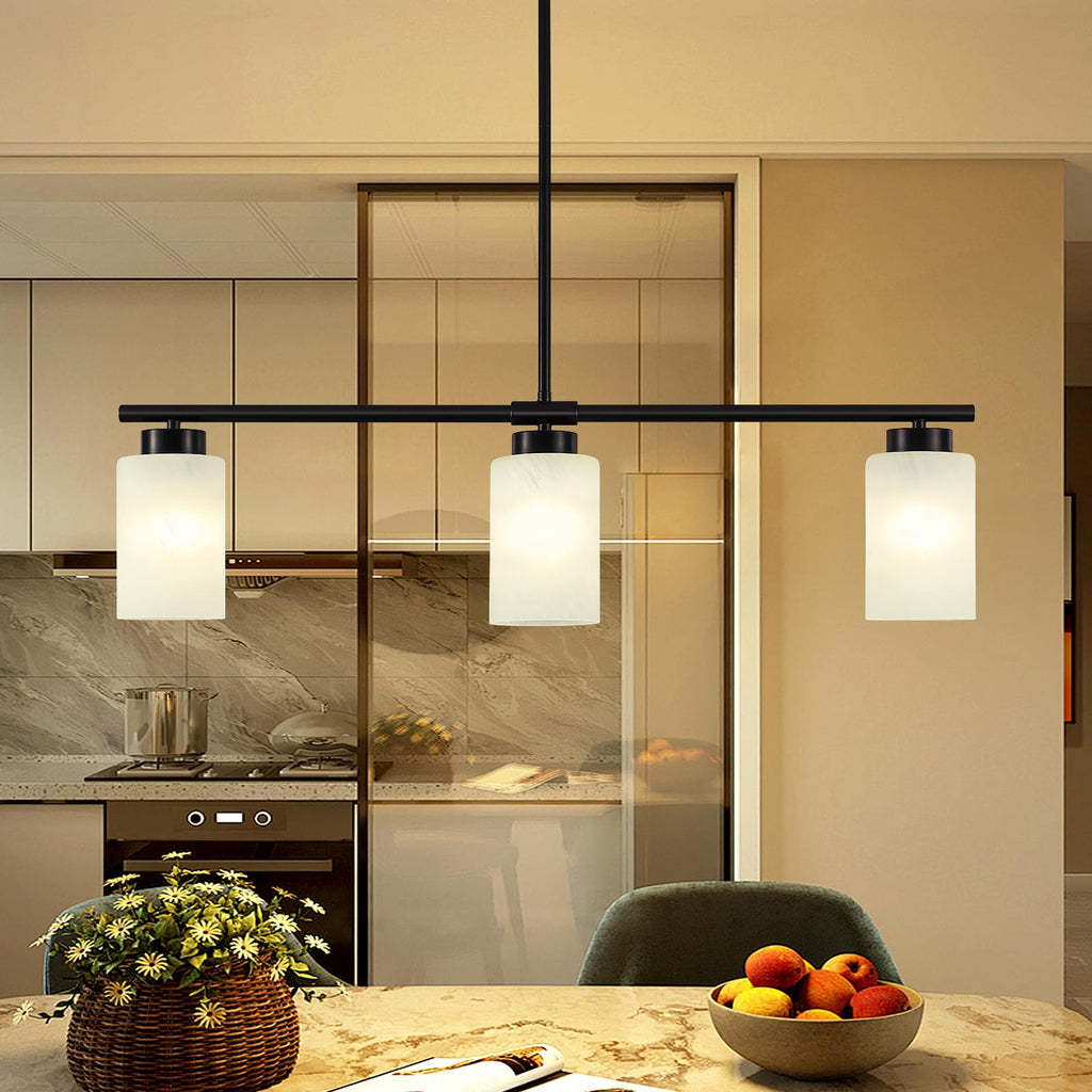 31" Kitchen Island Lighting 3 Light Black Pendant Light Island with Milk Glass Shade Modern Linear Chandelier