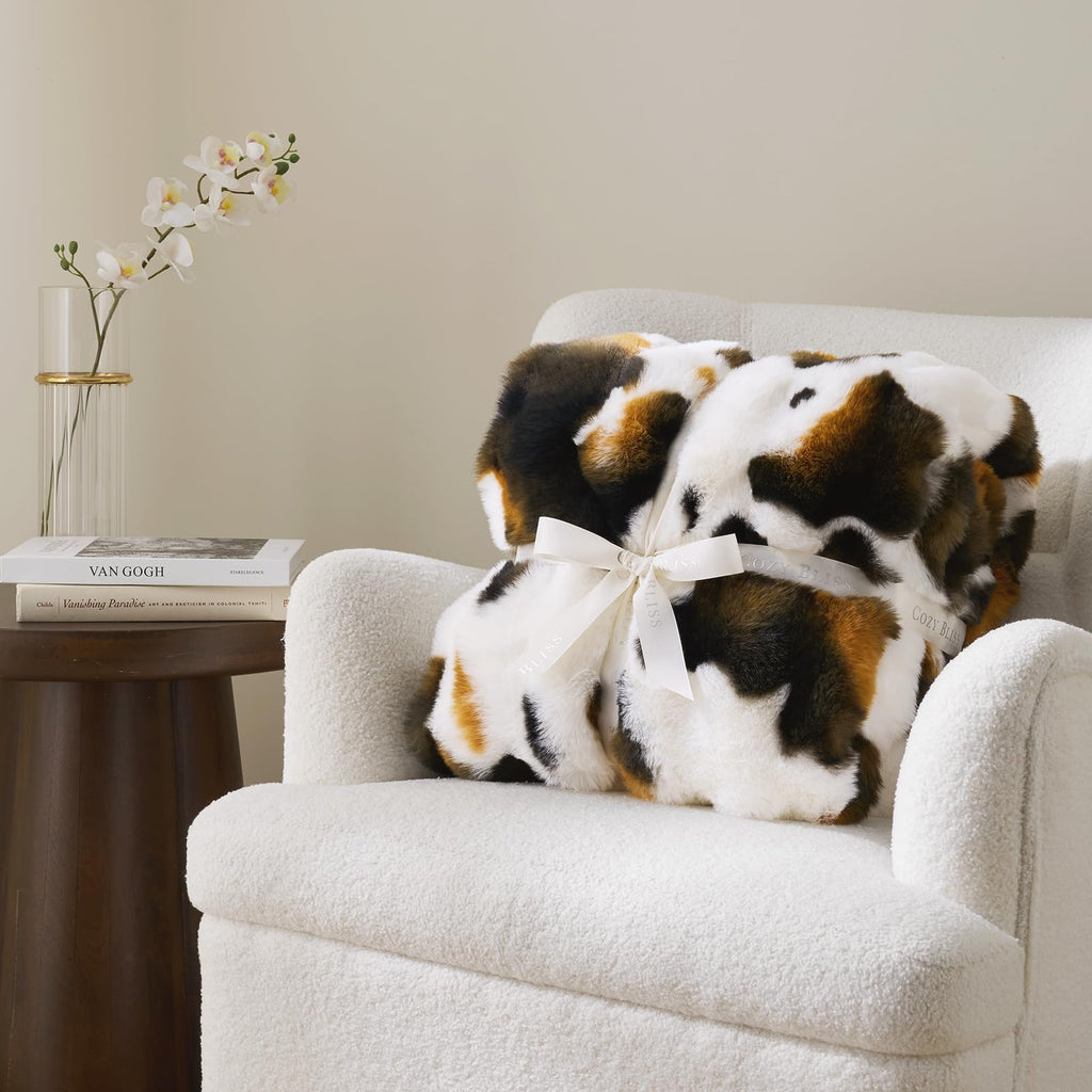 Bliss Bubble Faux Fur Throw Blanket for Couch, Cow Print, 50"x60"