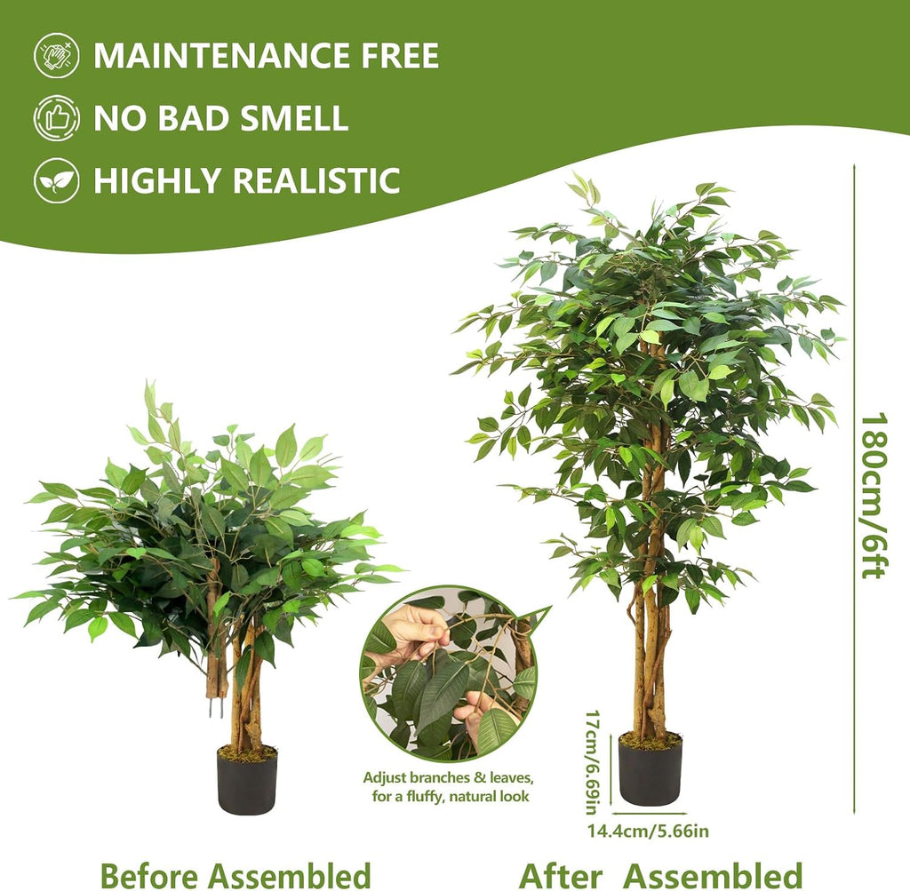 6FT Artificial Ficus Tree, Tall Realistic Faux Tree, Large Fake Potted Greenery Low-Maintenance Decor Porch, Plantas