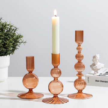 Glass Candlestick Holders, 3 Pcs Amber Unique Taper for Fall Decor