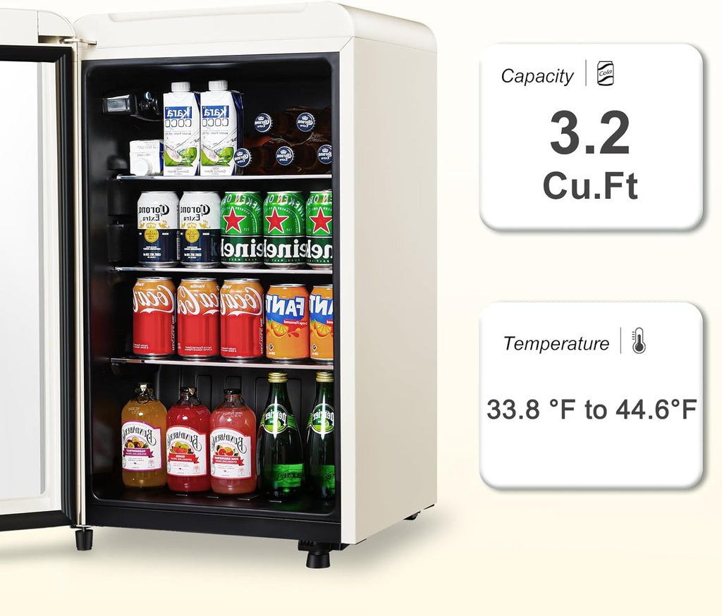 Retro Beverage Refrigerator, 3.2 Cu.Ft Mini Fridge with Glass Door, Vintage Free