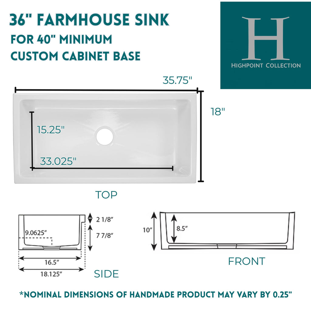 Farmhouse Sink, 36" Farm Kitchen Sink, Fireclay