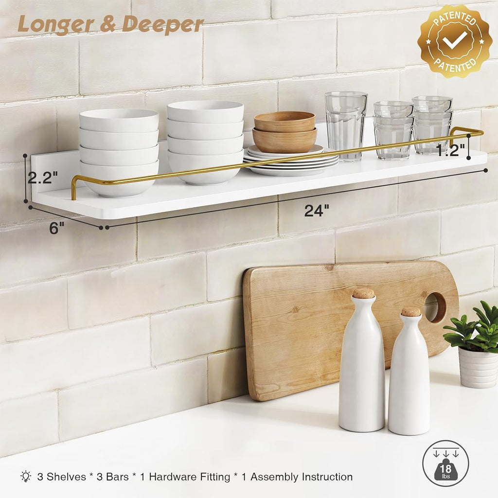 24 Inch Bathroom Floating Shelves for Wall Set of 3, Gold Bathroom Shelves Over Toilet Wall Mounted with Rail