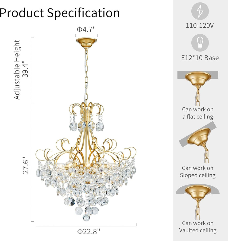Crystal Chandelier, Modern K9 Crystal Pendant Light for Dining Room, Vintage Pendant Ceiling Fixture Lamp, 10-Lights Golden Chandelier Lighting for Kitchen Island, Living Room, Bedroom A110-B0CTG2MQH8