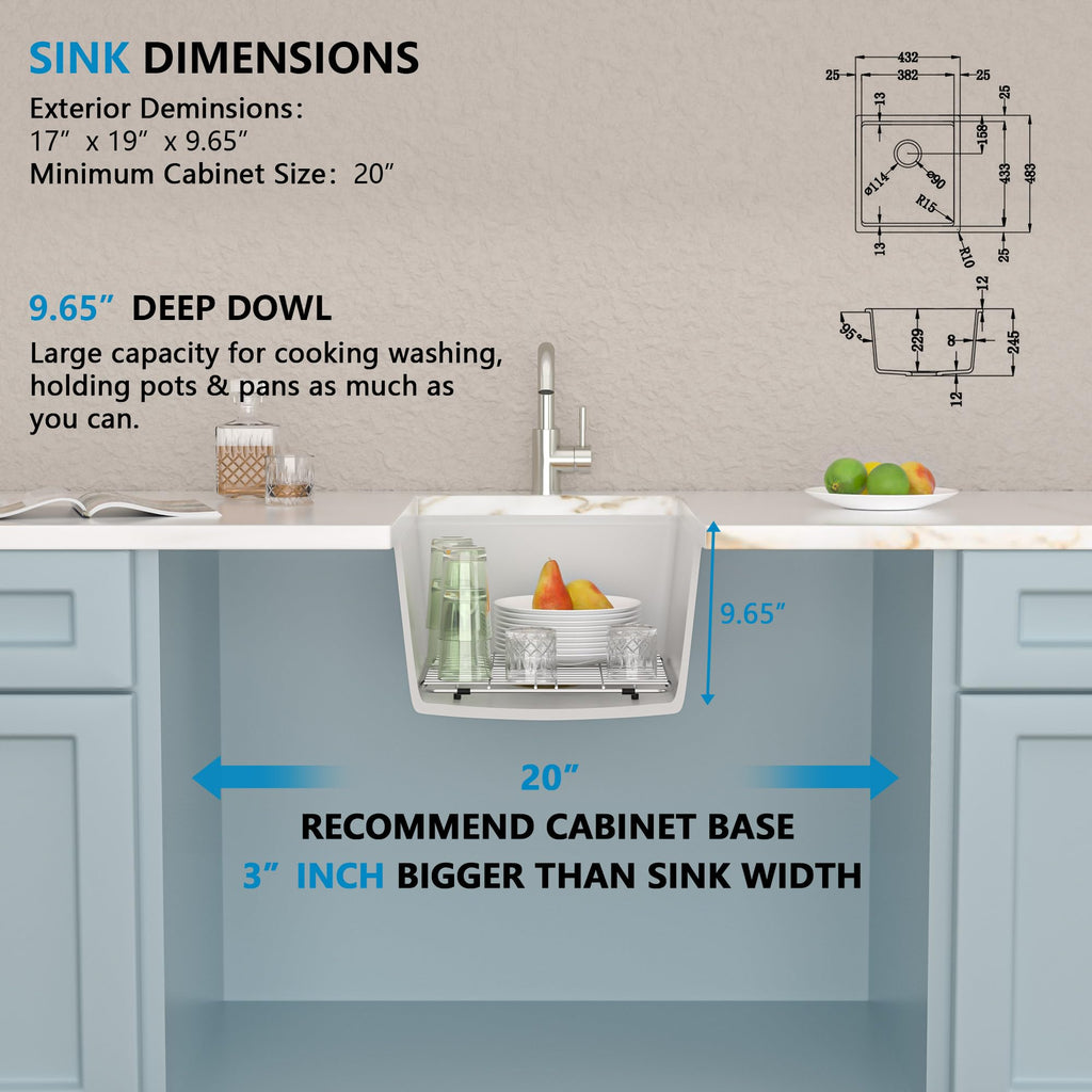 17"x19" Undermount White Bar Prep Sink Workstation