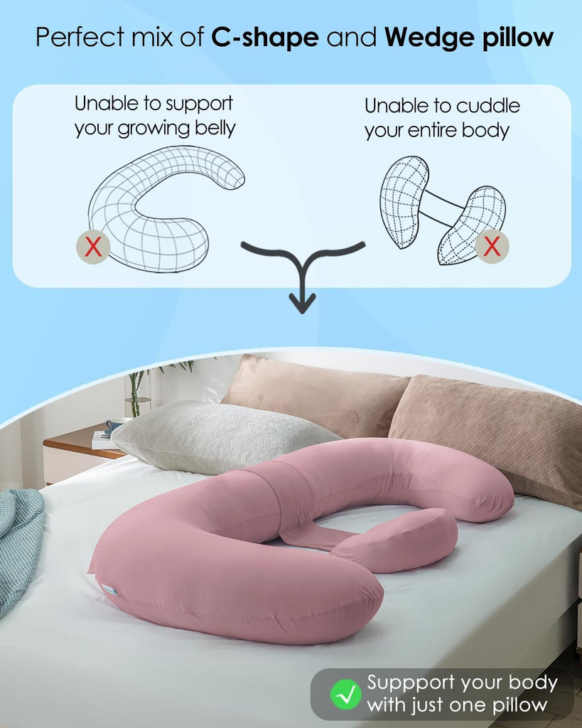 Cooling Pregnancy Pillows, E Shaped Maternity Pillow for Sleeping, with Extra Wedge Pillow for Belly Support, 60 Inch