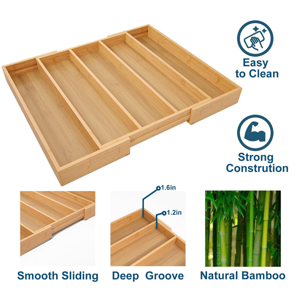 Expandable Bamboo Silverware Organizer, Kitchen Drawer Organizer