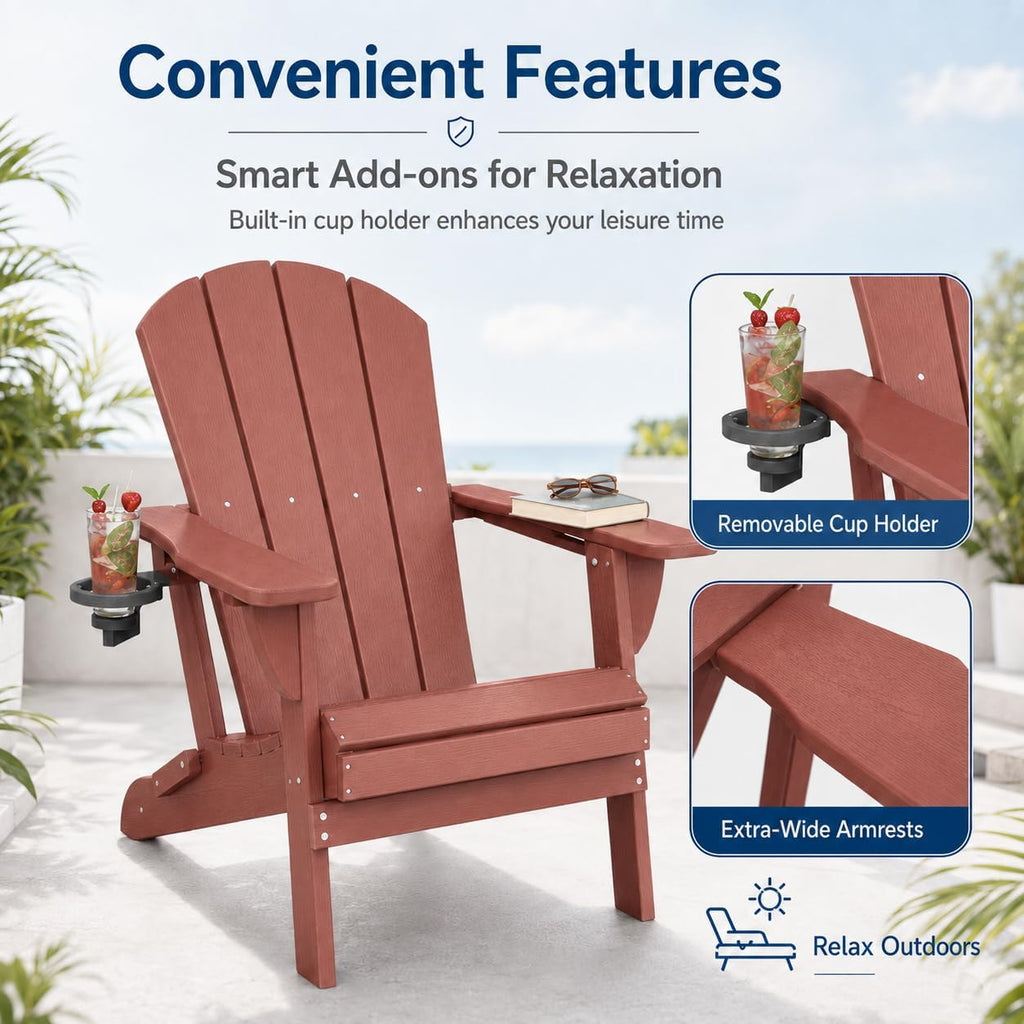 Folding Adirondack Chairs Set of 2 with Cup Holder, Heavy Duty HDPE Plastic Outdoor Lounge Chairs, All-Weather