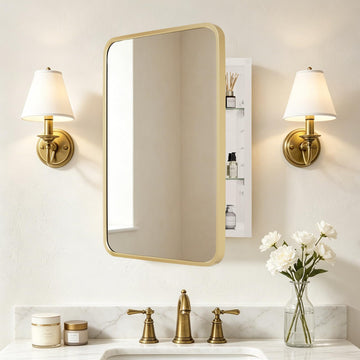 Bathroom Medicine Cabinet with Mirror, 16x24 Inch Gold Recessed Medicine Cabinet with Round Corner Aluminum Alloy