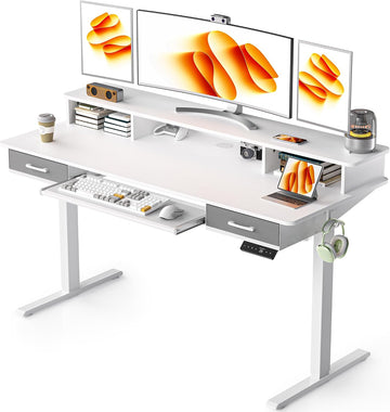 55 Inches Electric Standing Desk with Keyboard Tray, Height Adjustable Sit to Stand Table with 2 Drawers, Ergonomic