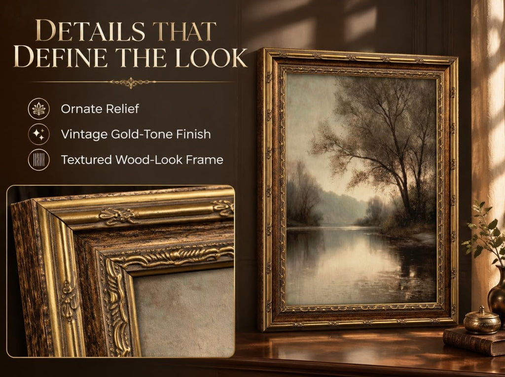 Vintage Gold Framed Landscape Wall Art, River Painting Picture